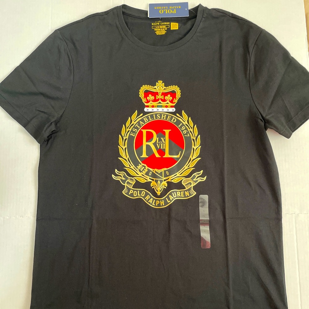 Men's (L) POLO-RALPH LAUREN Black Equestrian CREST Logo T-Shirt Custom Slim Fit